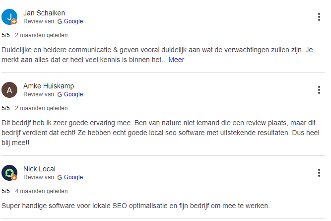 Voorbeeld van reviews in Google Bedrijfsprofielen zichtbaar op de SERP